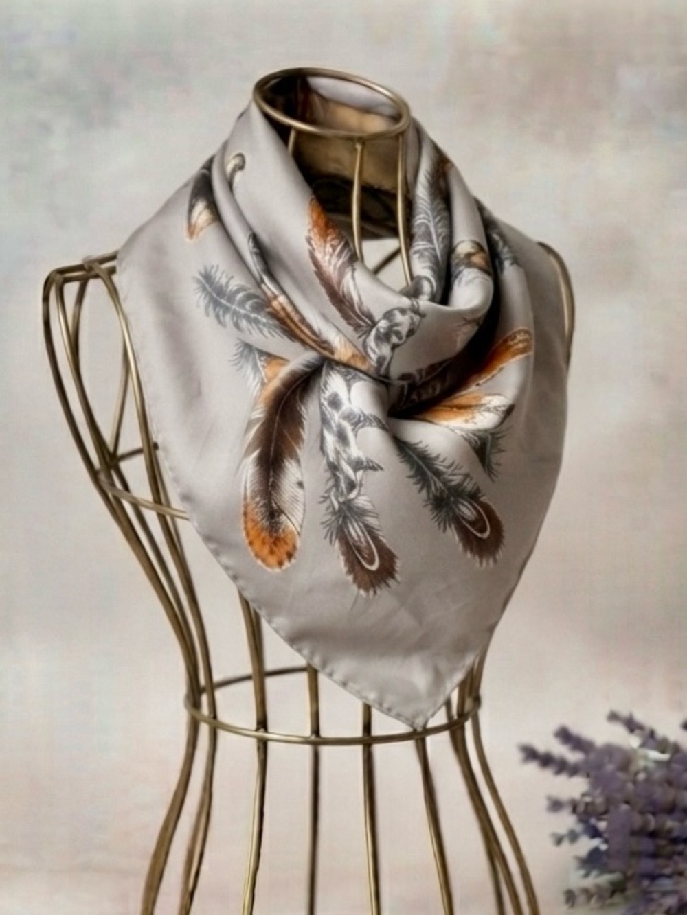Vintage Cream Silky Scarf with Elegant Dog and Feather Print
